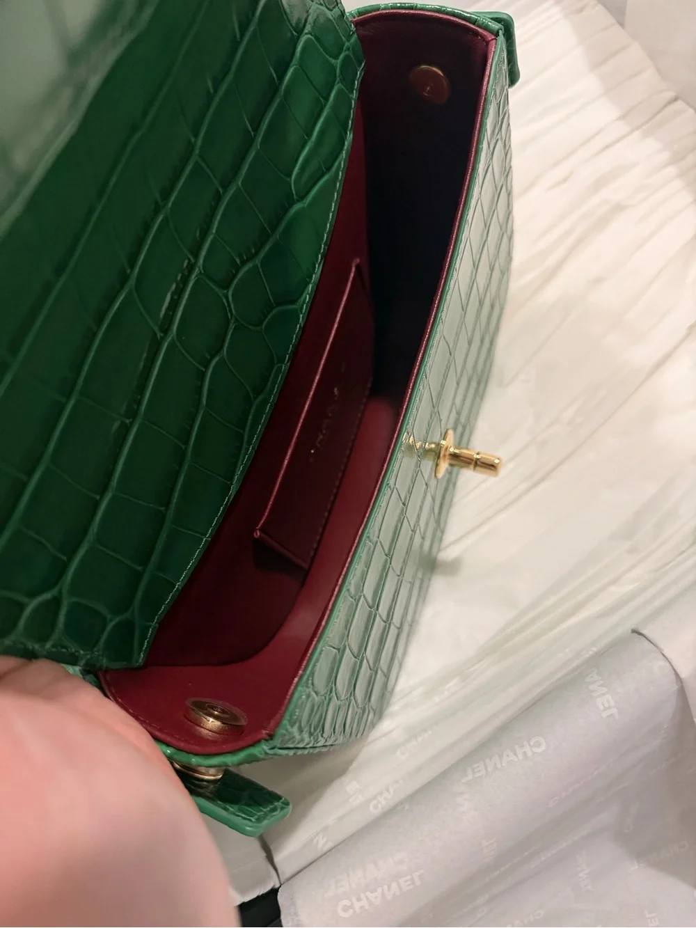 CHANEL Green Croc-Embossed top handle bag Bag with Gold hardware